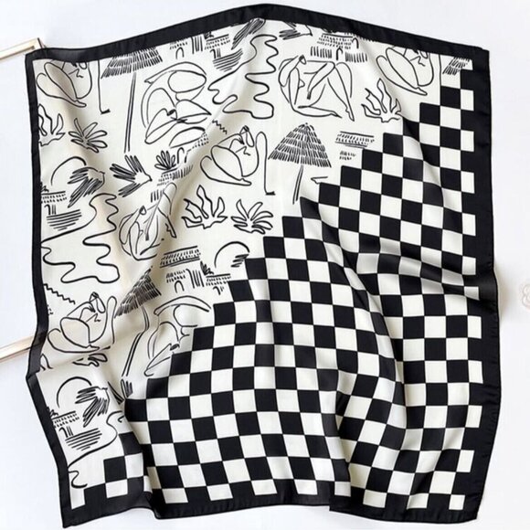 ⭐Black White Checkered Silky Satin Scarf Figural Print Luxury Square Fashion New - Picture 4 of 5